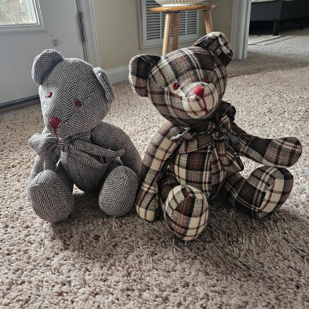 Set Of 2 Plaid and Herringbone Teddy Bears